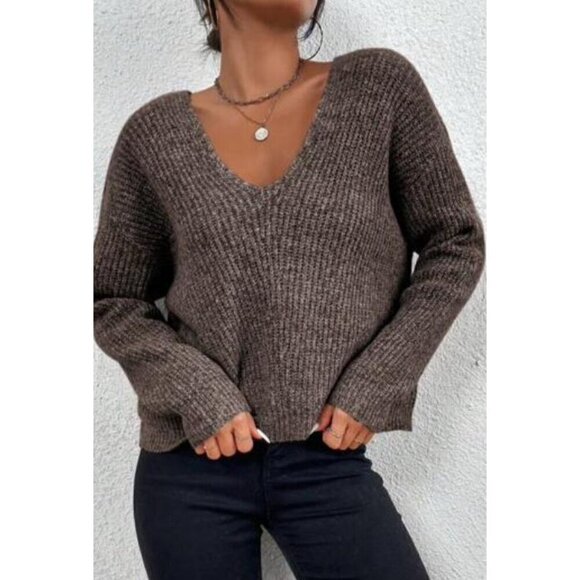 Casual Khaki V- Neck Drop Shoulder Pullovers - Picture 1 of 4
